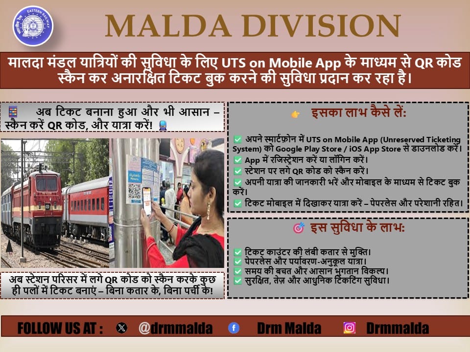 Railway News: पूर्व रेलवे का अपील– यात्री UTS ऑन मोबाइल ऐप से करें QR कोड स्कैन कर टिकट बुकिंग