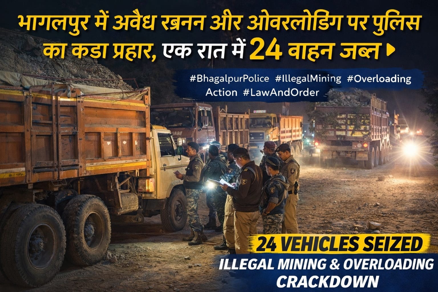 भागलपुर में अवैध खनन और ओवरलोडिंग पर पुलिस का बड़ा एक्शन, एक रात में 24 वाहन जब्त